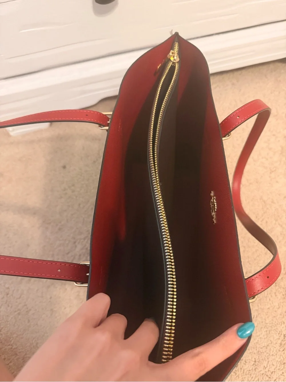 Coach Brown Signature Canvas Tote with Red Leather Trim and Straps